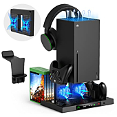 Upgraded Vertical Cooling Stand for Xbox Series X with Controller Charger Station Dock, Dual Suction Cooler Fan System Stand Accessories with 8 Game Storage Organizer, Headset Hanger for Xbox Series X