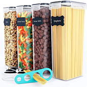 Airtight Food Storage Containers (Set of 4, 2.8L) - Tall Pasta Storage Containers for Pantry & Kitchen Organization, Spaghetti, Noodles, Cereal - Lids, Noodle Measure and Reusable Labels Included