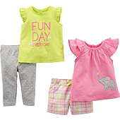 Simple Joys by Carter's Baby Girls' 4-Piece Playwear Set, Pink/Lime Green, Elephant/Plaid, 12 Months