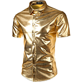 JOGAL Men's 70s Disco Shiny Metallic Gold Silver Short Sleeve Button Down Shirts Large Gold
