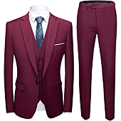 MYS Men's Blazer Vest Pants Set, Solid Party Wedding Dress, One Button Jacket Waistcoat and Trousers, 3 Piece Slim Fit Suit with Tie Burgundy