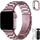 Fullmosa Compatible Apple Watch Band 42mm 44mm 45mm 38mm 40mm 41mm, Stainless Steel iWatch Band with Case for Apple Watch Series 7/6/5/4/3/2/1/SE, 42mm 44mm 45mm Rose Pink