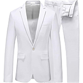 UNINUKOO Men's Suit 2 Piece Slim Fit 1 Button Business Formal Wedding Solid Tux Blazer & Pants US Size 32 White