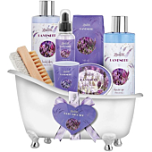 Relaxing Lavender Spa Bath Gift Baskets for Women-Girls, Christmas, Birthday, Bath and Body Set-Kit Includes Candle, Essential Oil, Body Scrub, Bath Salt, Body Lotion, Shower Gel and Body Scrub Brush