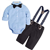 BIG ELEPHANT Gentleman Formal Outfit Suit - Bowtie Dress Shirt Suspender Pants Clothing Set for Baby Boys
