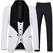 YFFUSHI Men's 3 Piece Suit Slim Fit Jacquard Tuxedo One Button Shawl Collar Jacket Vest & Trousers White