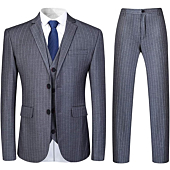 Mens 3 Piece Suit Formal Pinstripe Slim Fit Notched Lapel Dress Blazer Vest Trousers Set Grey