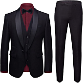MYS Mens 3-Piece Suit Shawl Lapel One Button Tuxedo Slim Fit Premium Dinner Jacket Vest Pants & Tie Set Black