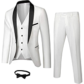 MY'S Mens 3-Piece Suit Shawl Lapel One Button Tuxedo Winter Fabric Slim Fit Premium Dinner Jacket Vest Pants & Tie Set White