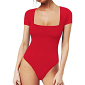 MANGOPOP Women's Square Neck Short Sleeve Long Sleeve Tops Bodysuit Jumpsuit (Short Sleeve Red, Small)