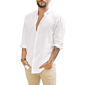 APRAW Mens Linen Button Down Shirts Long Sleeves Summer Beach Casual Regular Fit Shirt Tops White