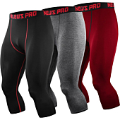 NELEUS Men's 3 Pack Running Capri Leggings Athletic Compression Short,6057,Black (red Stripe),Grey,red,XL