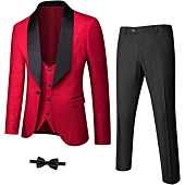 YND Men's 3 Piece Slim Fit Tuxedo Set, One Button Shawl Collar Jacquard Jacket Vest Pants with Bow Tie, Red
