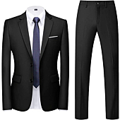 MOGU Mens Slim Fit Suit 2 Piece Tuxedo for Daily Business Wedding Party (Suit Jacket + Pants) US Size Blazer 38/Pants 34 Black