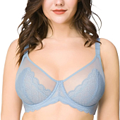 HSIA Women's Underwire Unlined Bra Minimizers Non-Padded Bra Full Coverage Lace Mesh Sexy Sheer Plus Size Bra 32C-42DDD Storm Blue