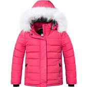 ZSHOW Girls' Puffer Jacket Fleece Lined Winter Coat Windproof Padded Hooded Parka(Rose Red,14/16)