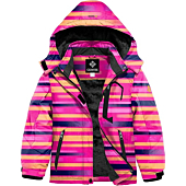 GEMYSE Girl's Waterproof Ski Snow Jacket Fleece Windproof Winter Jacket with Hood (Print Stripe,10/12)