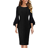 VFSHOW Womens Black Jacquard Geometric Bell Sleeves Cocktail Party Semi-Formal Casual Bodycon Pencil Sheath Dress 7900 BLK XS