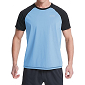VAYAGER Men's Swim Shirts Rash Guard UPF 50+ Short Sleeve Quick Drying Crew Water Shirt(Sky Blue-Black-M)