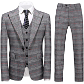 Mens Suits 3 Piece Check Plaid Suit Single Breasted One Button Jackets Formal Dress Party Prom Tuxedo Suits Blazer Light Grey
