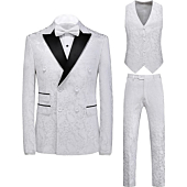 Mens Suit 3 Piece Floral Tux Double Breasted Blazer Vest Pants Set US Size 42 White