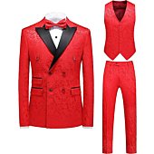 Mens Suit 3 Piece Floral Tux Double Breasted Blazer Vest Pants Set US Size 34 Red