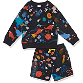 Spotted Zebra Toddler Boys' French Terry Cozy Long-Sleeve Top and Short Set, Black, Space/Fish, 2T