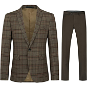 Mens 2 PCS Plaid Suits Regular Fit Formal Dress Suit Tux Blazer Jacket Pants