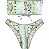 ZAFUL Women Strapless Cut Out Bandeau Bikini, Lace Up Ethnic Flower Print Multiway 2 Pieces Swimsuit Bathing Suit(Light Green, L)