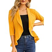 KOJOOIN Womens Casual Blazer 3/4 Sleeve Open Front Ruffle Work Office Cardigan Suit Jacket Mustard L