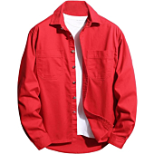 LONGBIDA Men’s Long Sleeve Denim Shirts Regular Fit Casual Button-Up Jean Shacket(Red,M)