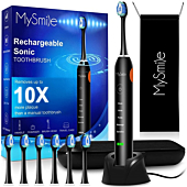 MySmile Electric Toothbrush for Adults, Rechargeable Sonic Electronic Toothbrush with 6 Brush Heads and Travel Case, 2 Mins 5 Modes Smart Timer, 48000VPM 10X Powerful Than Manual Toothbrush (Black)