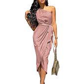 PRETTYGARDEN Women's Ruched Bodycon Dress Asymmetrical Sleeveless One Shoulder Wrap Satin Belted Cocktail Midi Dress(Dark Pink,X-Large)