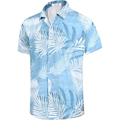 zeetoo Men's Hawaiian Shirt Short Sleeve Button Down Beach Shirts Tropical Aloha Shirt Holiday Casual Shirts Grey-Blue Leaves-Large