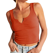 Artfish Women's Sleeveless Shirt Ribbed Fitted Scoop Neck Basic Long Crop Tank Top V Notch Orange, L