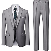 UNINUKOO Men Suits Slim Fit 3 Piece 1 Button Wedding Formal Business Tuxedo Suit Jacket Pants Vest Set US Size M Light Grey
