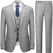 Cooper & Nelson Men's Suit Slim Fit, 3 Piece Suits for Men, One Button Jacket Vest Pants with Tie, Tuxedo Set Light Gray S