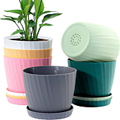 7'' Plant Pots Bulk, 6 Pack Plastic Planters with Drainage Holes and Saucers for Indoor Outdoor House Plants and Flowers, Colorful