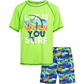 Quad Seven Boys' Rashguard Set - Short Sleeve Swim Shirt and Bathing Suit Set (Size: 5-12), Size 5/6, Green Sharks Surf