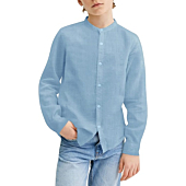 Mafulus Boys Button Down Linen Shirt Long Sleeve Mandarin Collar Loose Fit Casual School Summer Top