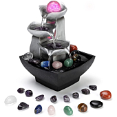 3-Tier Tabletop Fountain, 9" Indoor Waterfall Desktop with Healing Crystals Set, Zen Meditation Relaxing Balancing Soothing Decoration Includes Colored LED Lights for Home Office Bedroom
