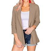 Wihion Women Casual Blazers Open Front Tucked 3/4 Sleeve Lapel Solid Work Office Jackets with Pockets Khaki