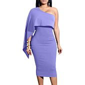GOBLES Women's Summer Sexy One Shoulder Ruffle Bodycon Midi Cocktail Dress Lavender