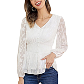 Kate Kasin Women's Elegant V Neck Long Sleeve Embroidered Mesh Buttons Top Blouse Elastic Waist Floral Print Ruffle Hem Peplum Shirts White M