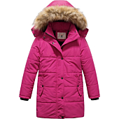 CREATMO US Girl's Winter Bubble Jacket Fleece Lined Water Repellent Long Puffer Coat With Fur Hood Rose Red 6/7