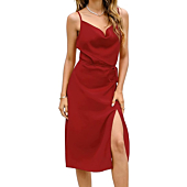 KoJooin Women's 2022 Summer Shiny Silk Satin Dress Modest Y2K Bodycon Evening Party Dress with Belt Spaghetti Strap Drape Cowl Neck Sexy Cocktail Maxi Dress Rust Red Large