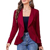 KOJOOIN Womens Casual Blazer Long Sleeve Open Front Ruffle Work Office Cardigan Suit Jacket Long Sleeve-Wine Red L