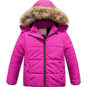 Chrisuno Girls' Warm Winter Coat Cold Clothes Weather Resistant Quilted Bubble Puffy Windbreaker Ski Jacket Rose Red 6-7