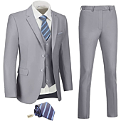 Men Suits Slim Fit Grey Business Wedding 3 Piece Tux Groomsmen Prom Blazer Jacket Vest Pants with Tie Men Suit Set S