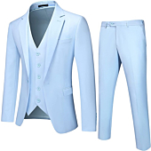 UNINUKOO Men Slim Fit Suit Set 3 Piece Classic Wedding Fashion Dress Suit Jacket Pants with Vest US Size 36 Light Blue
